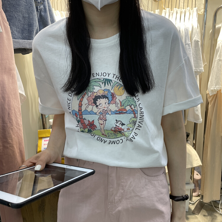 [Li Bai] cartoon printed loose short sleeve T-shirt 2613-9\ll