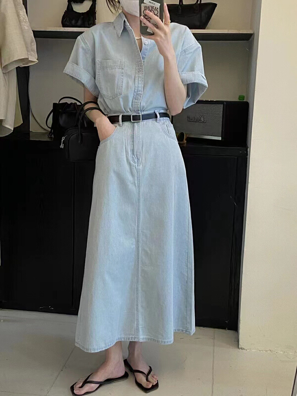 [rm.hh] fashion Korean single breasted shirt + high waist lady Skirt Set (with belt) (only selling shirts + skirts) 2157\pcz