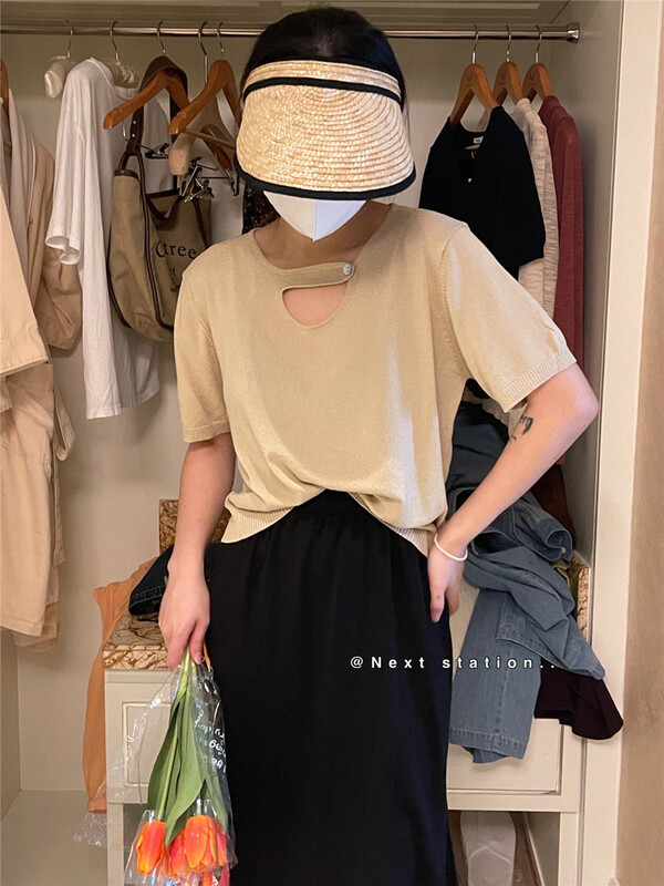 [next station] solid color hollow out design Short Sleeve T-shirt 7119\zjy