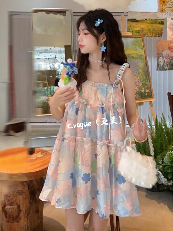 [c.vogue] Korean fresh floral contrast dress (with chain straps) 3893\pcz