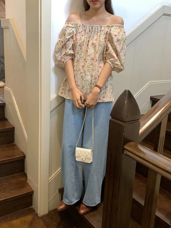 [Sicily] cotton and hemp soft little broken flowers two on one shoulder shirt 9311\xj