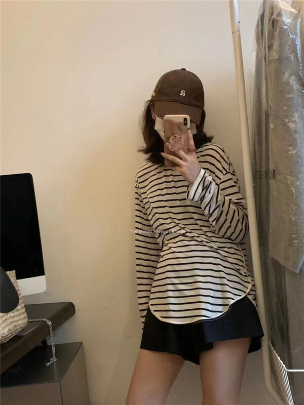 [IU room] Tencel cotton stripe loose long sleeve T-shirt ys1-1299\xyy