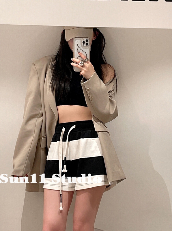 [w+] color blocking lace up versatile casual shorts 5101\wtt