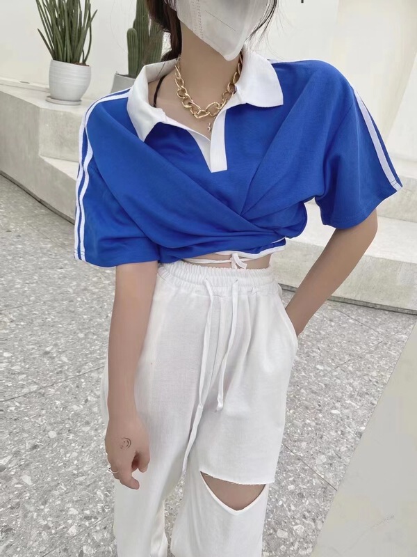 [top] casual polo collar contrast short sleeve T-shirt ys2-8088\zjy