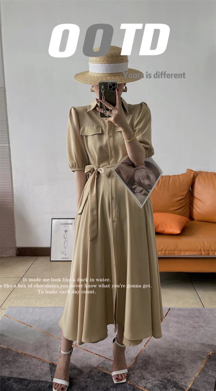 [Sanshun] single breasted pleated ladies' commuter dress (with belt) 6638\ll