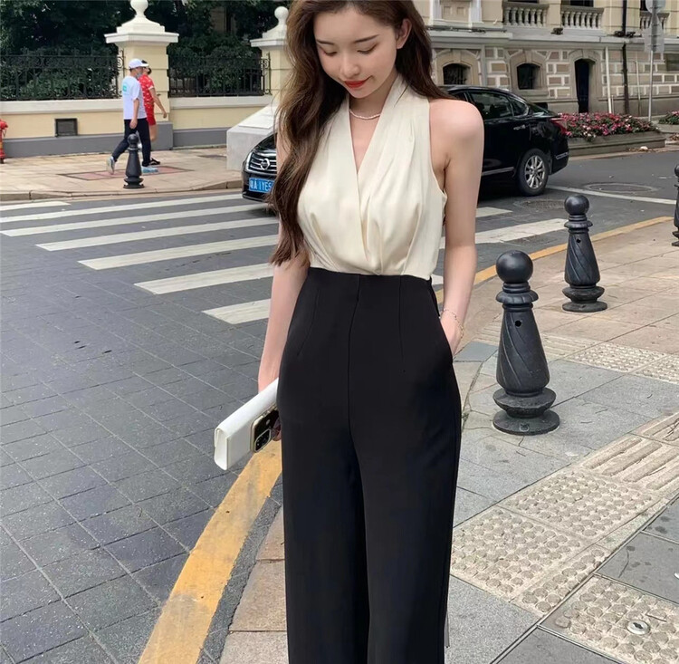 [semi plain] high quality color contrast Halter Jumpsuit (with belt) u573\zjy