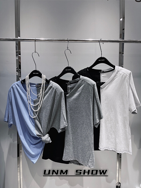 [unm-show] V-neck color blocked Pullover short sleeve T-shirt 6165\wtt