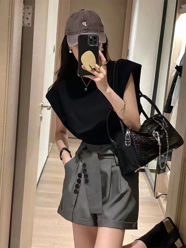 [top] simple loose Vest + high waist casual Shorts Set (with belt) ys1-9033\zjy