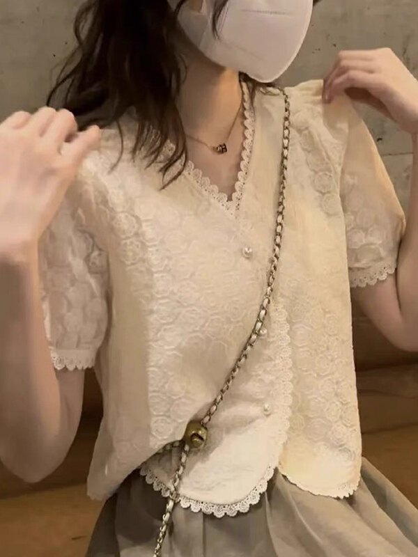 [jun.t] lace Crocheted Short Sleeve Top + lady high waist skirt set 6189\pcz