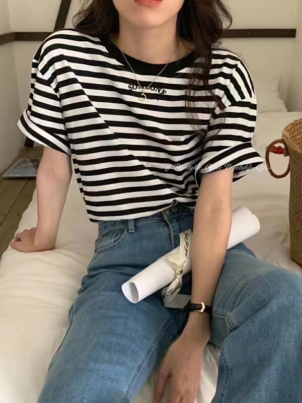 [HH &miss Lai] fashion stripe casual simple short sleeve T-shirt 9038\l