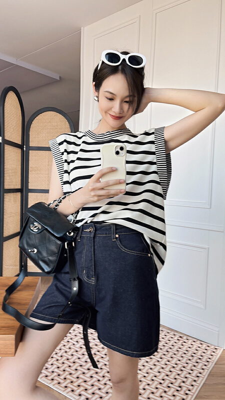 [f · P] striped loose round neck knit vest / suspender 83112\hbx