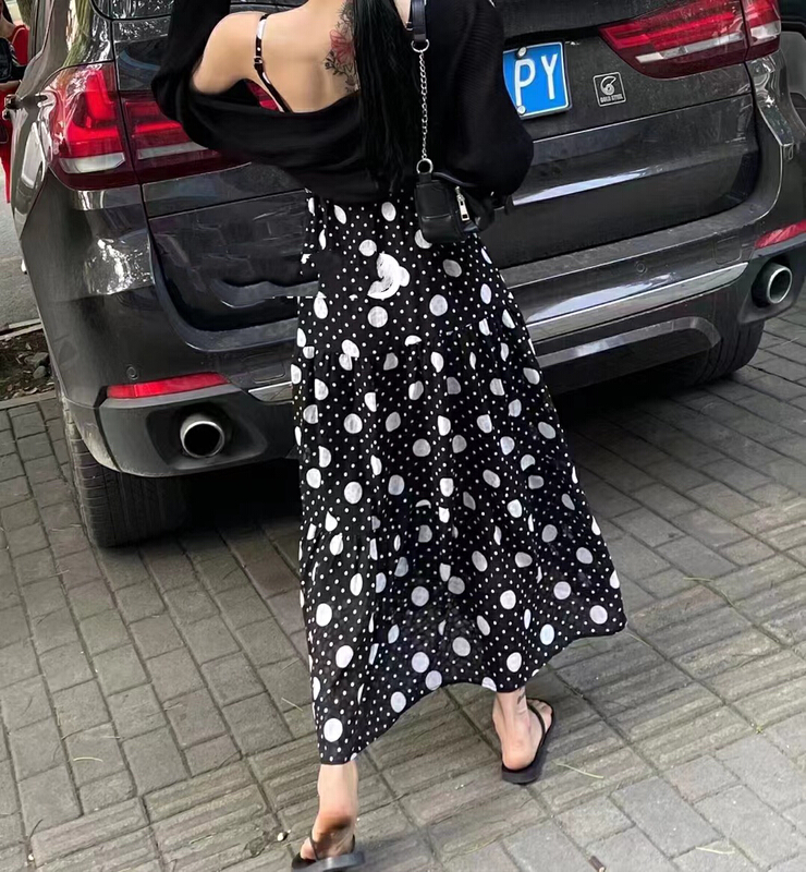 [mi ni] simple blouse + polka dot print medium length dress two piece suit 1317\pcz