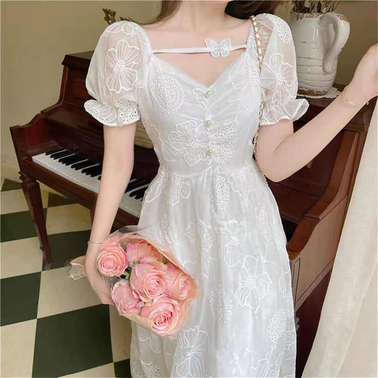 [Xiangli] lady jacquard bubble sleeve peach neck dress 8528\pcz