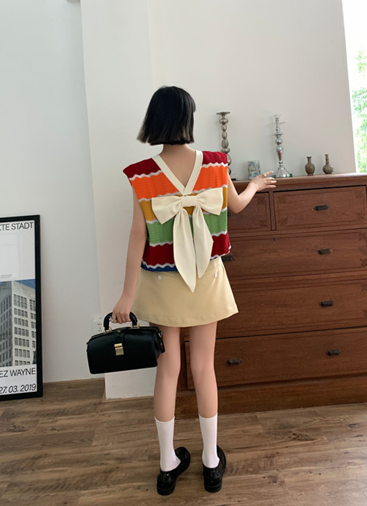 [Tutu] V-neck striped foreign style sleeveless bow vest / sling 52219\lsl