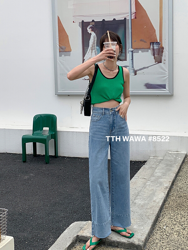 Original price 88.99! [Wawa] high waist draped wide leg jeans 8522\lsl