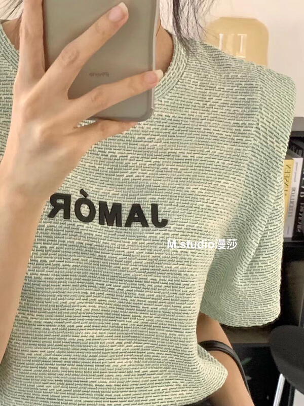 [MSTUDIO MANSA] small fragrant letter printed round neck casual shirt 6762\ll
