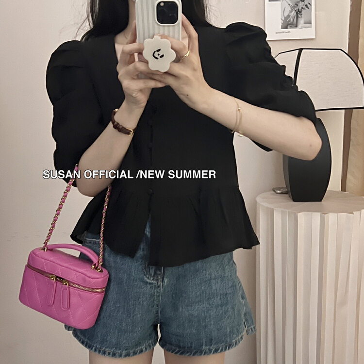 【 Susan 】 lady bubble sleeve square collar button up blouse 19161\lsw