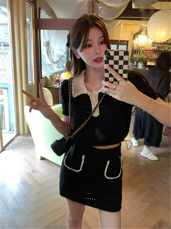 [six] small fragrance color contrast Polo + double pocket skirt suit 6303\pcz