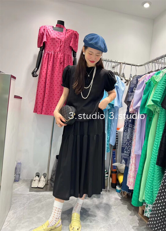 [3.studio] leisure simple round neck bubble sleeve blouse + Korean slim loose skirt set 22172\xyy