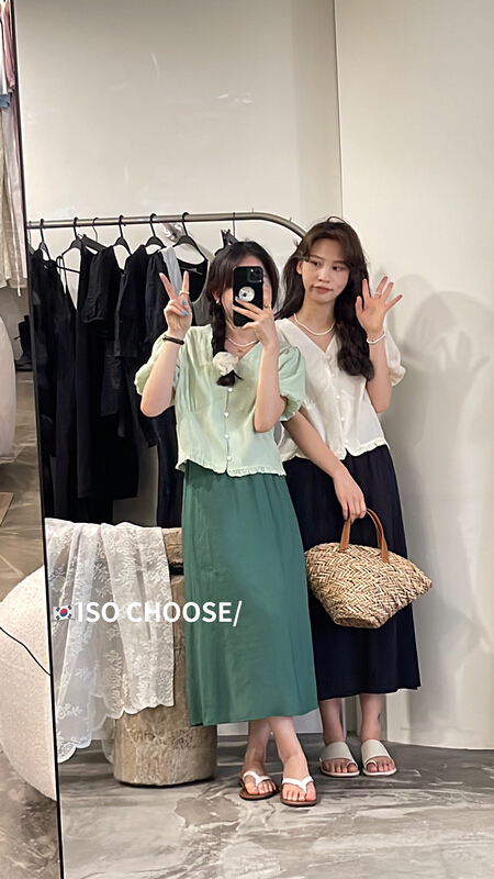 [ISO Korean] ladies' breasted blouse + fashionable high waist skirt suit 3117\hjy
