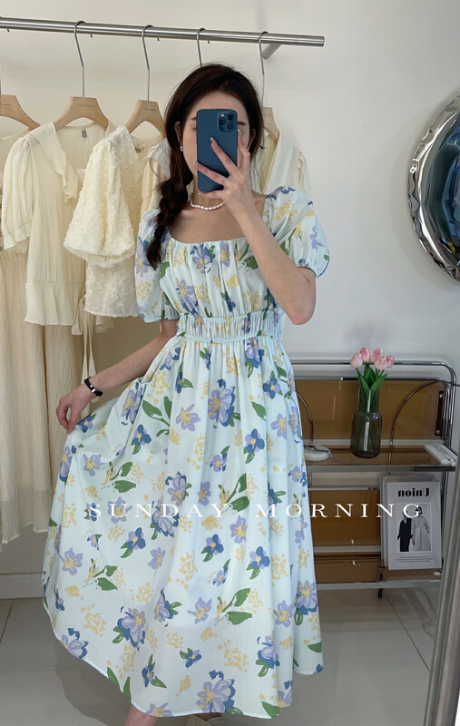 [Sunday morning] square neck bubble sleeve waist pocket floral dress 9162\zjy