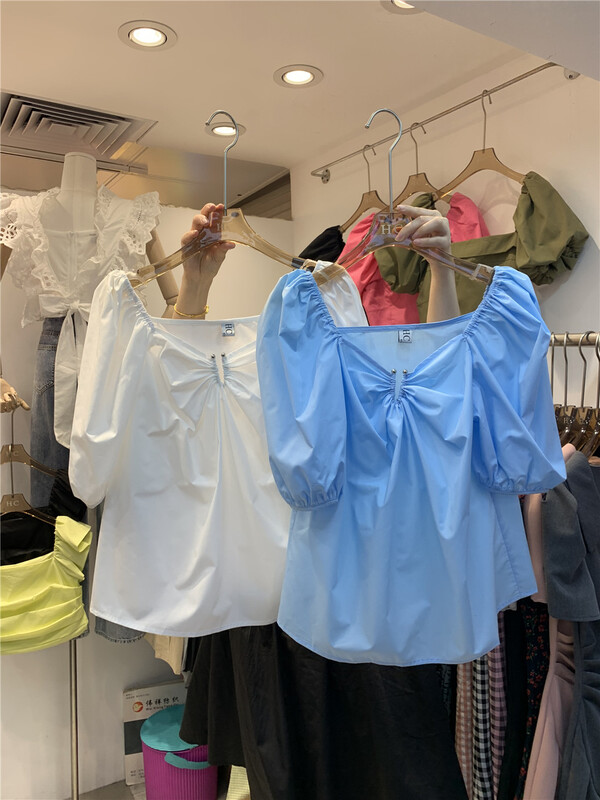 [Han C family] square neck pleated bubble sleeve shirt 8447\pcz