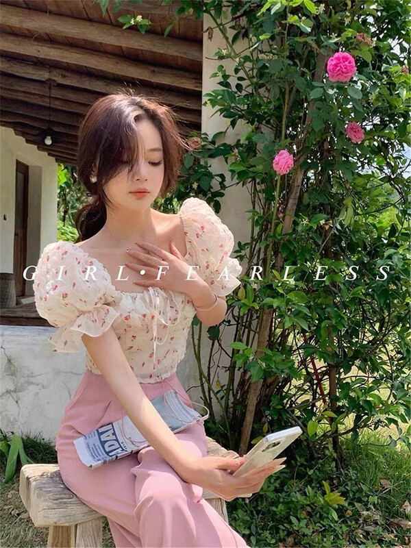 [clothing] sweet broken Flower Chiffon short shirt 1042\pcz