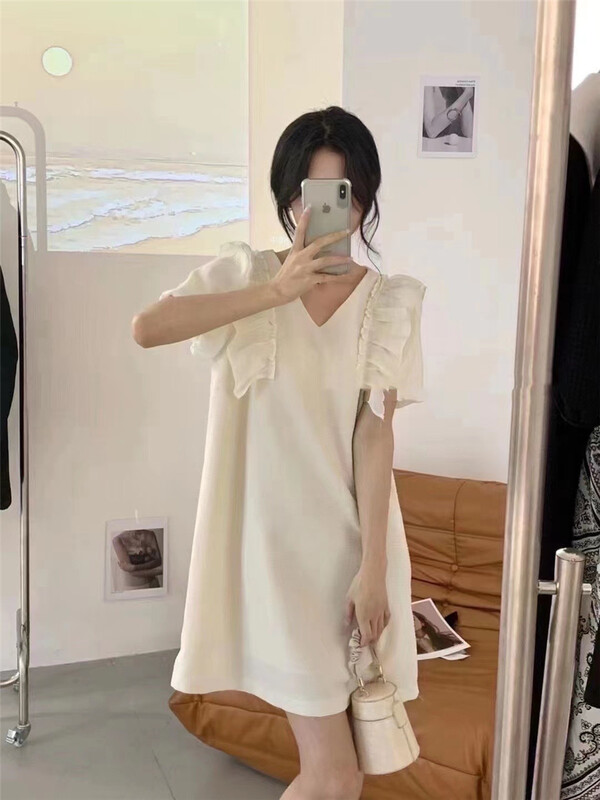 [orange] French style V-neck bubble sleeve dress 8913\hbx