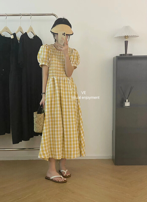 [ve] Bubble Sleeve Plaid lady round neck dress (only skirts) 99036\hbx