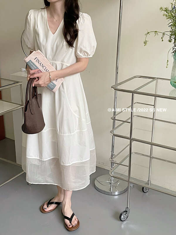 [aimistyle] French style V-neck bubble sleeve dress 10925\hbx