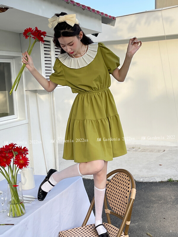 [am Gardenia] crimped contrast color doll Neck Lace Up backless dress 3619\pcz