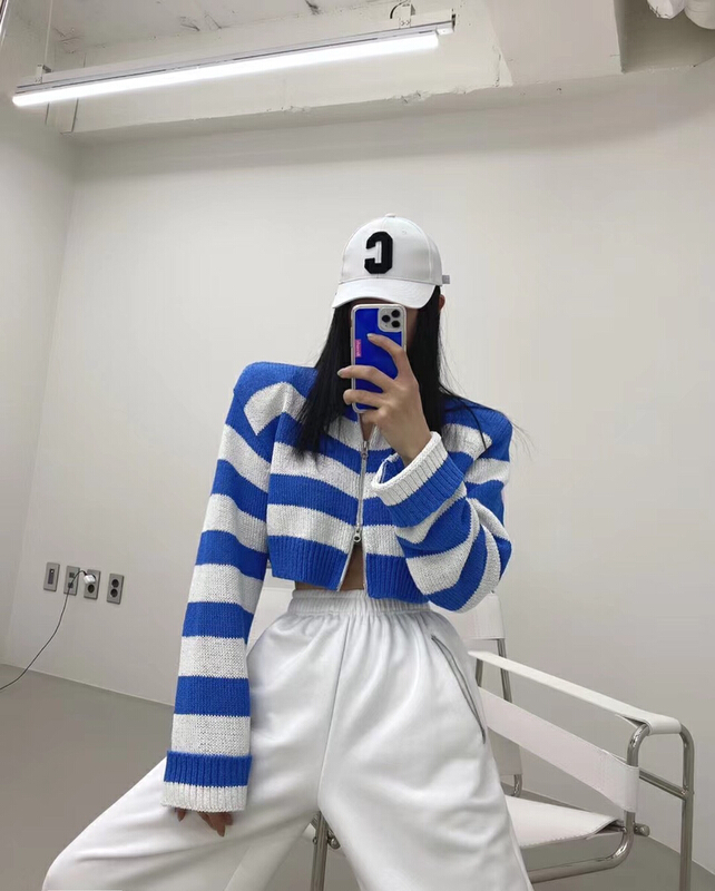 [Yulia] stripe short zip knit cardigan 2245\lsw