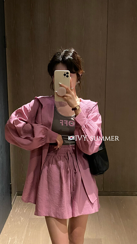 [Ivy] Korean simple hooded sunscreen + versatile printed Vest + comfortable short suit 88290\jhy