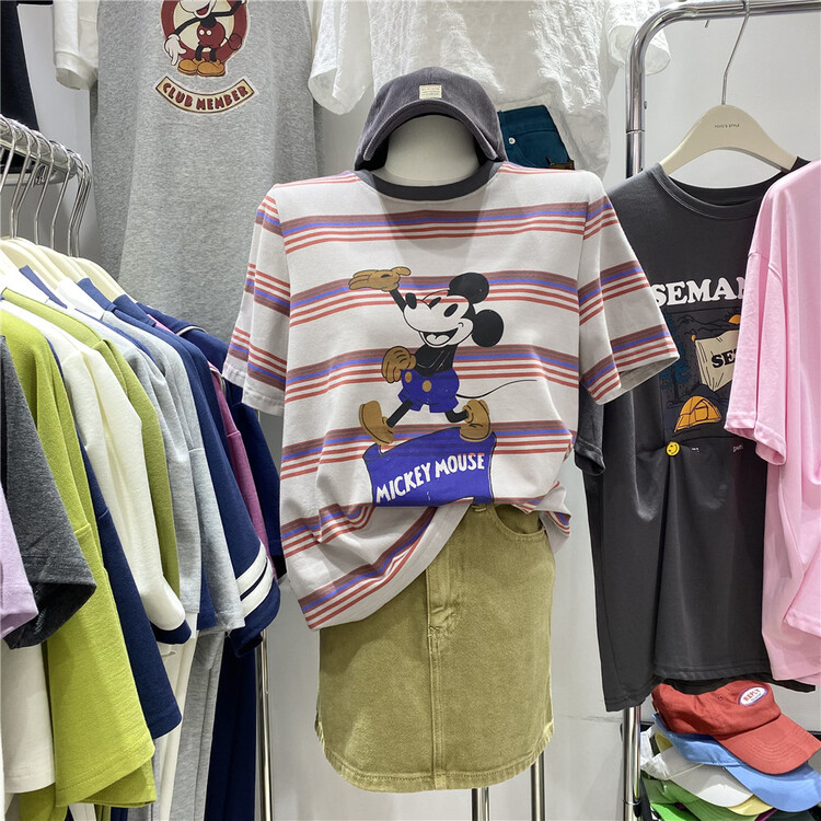 [yoyo style] Unisex simple Mickey print stripe short sleeve T-shirt 8563\xyy