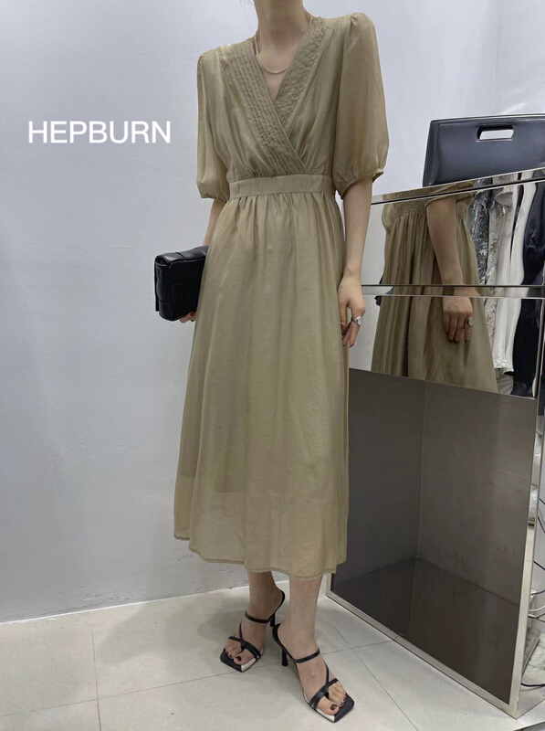 [Hepburn] slim V-neck solid dress 3565\l