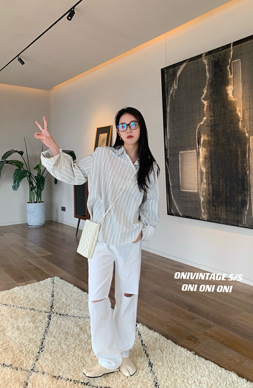 [onivinage oni] stripe fashion loose diagonal button design shirt ol222s5015\zxl