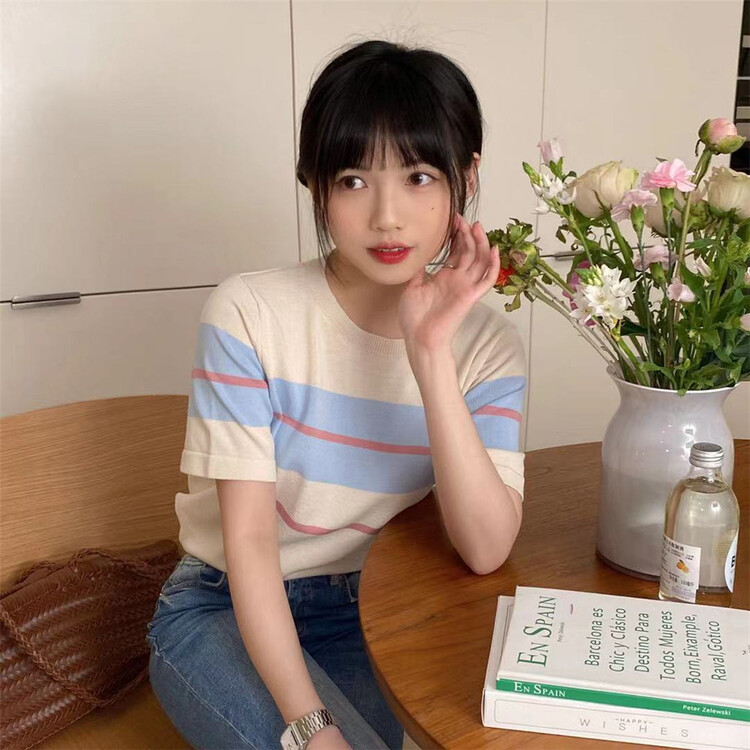[free Valley] stripe knitted comfortable shirt 6756\lsw