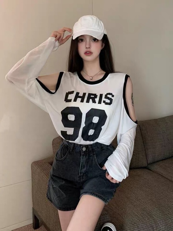 [Hello] Digital contrast off shoulder design loose long sleeve T-shirt 9806\wtt