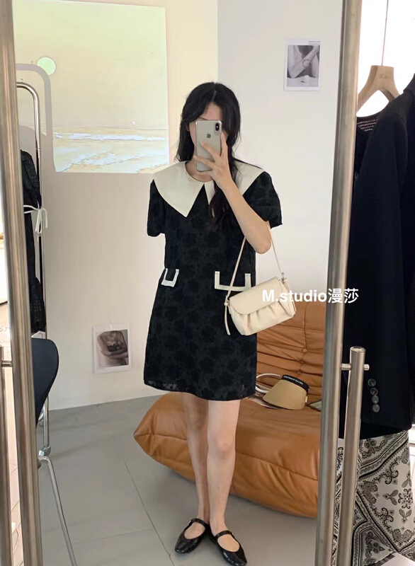 [MSTUDIO MANSA] Korean fashion lace contrast Lapel dress 096\ll