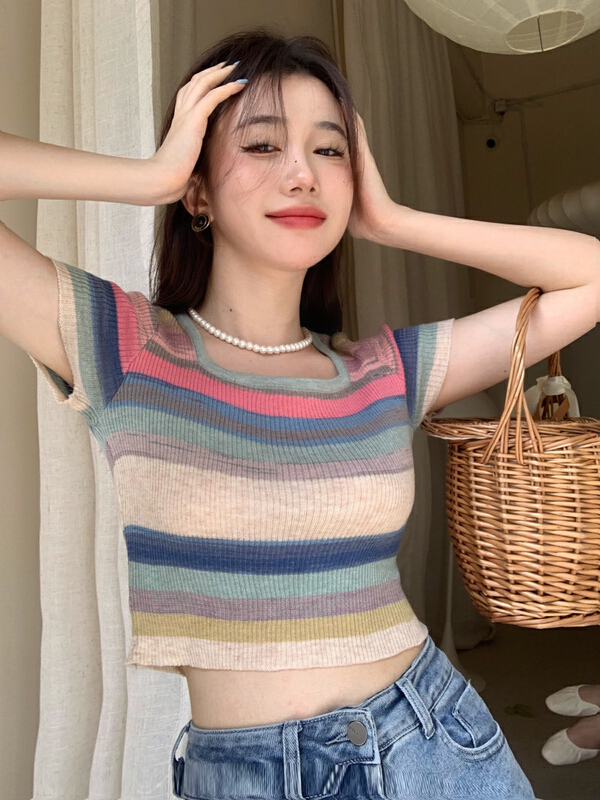 [y.jia EJA] pure desire square neck Rainbow Stripe short sleeve shirt 226