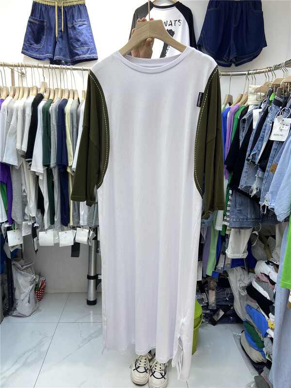 [left embroidery] round neck color blocked casual simple dress 7629\l