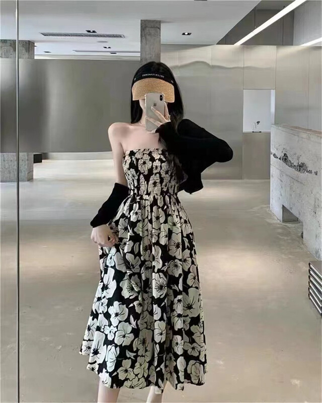 [Han C family] solid color hollow out sunscreen shirt + printed bra dress two piece suit 6498\pcz
