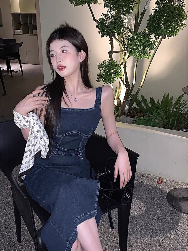 [Huaxi] French retro denim slim side slit dress 9149\pcz