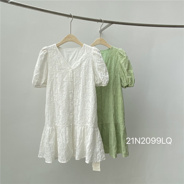 [Boran Boran] Korean Solid Color Bubble Sleeve Button dress 2099\lsw