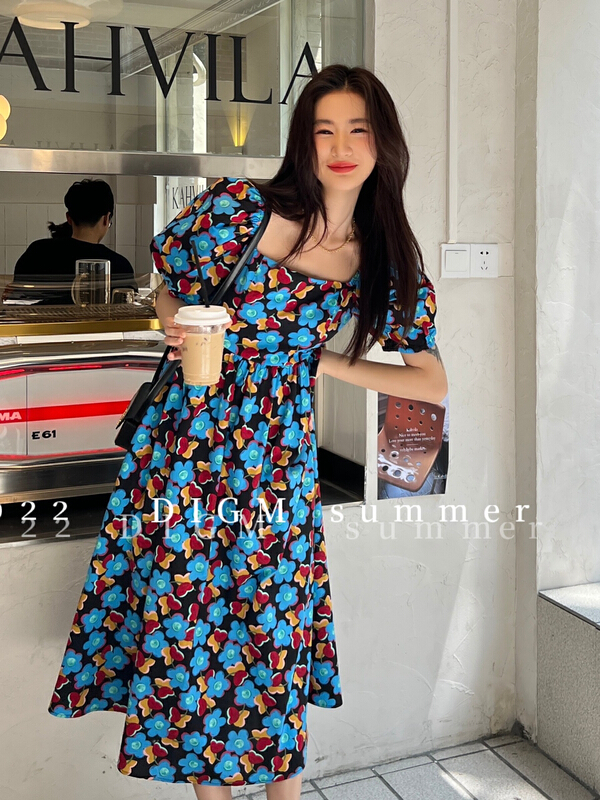 【 digm 】 French square neck floral bubble sleeve slim dress 1628-2\zxx