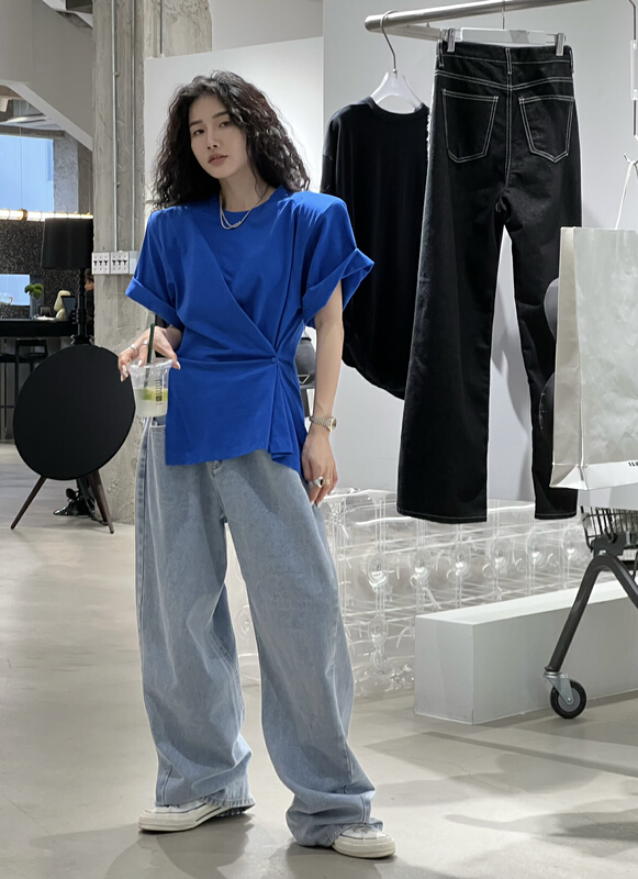 [all in] side button versatile solid short sleeve T-shirt 4263-\ozq