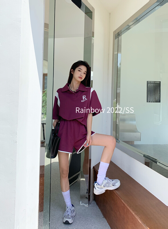[rainbow] Polo neck letter short sleeve T-shirt + casual Shorts Set 08208\wtt