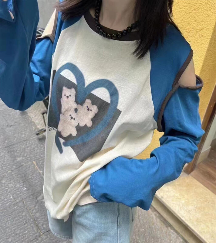 [Naikan Nik] off the shoulder fashion Korean color matching long sleeve T-shirt (T-shirt only) 9732\gyj