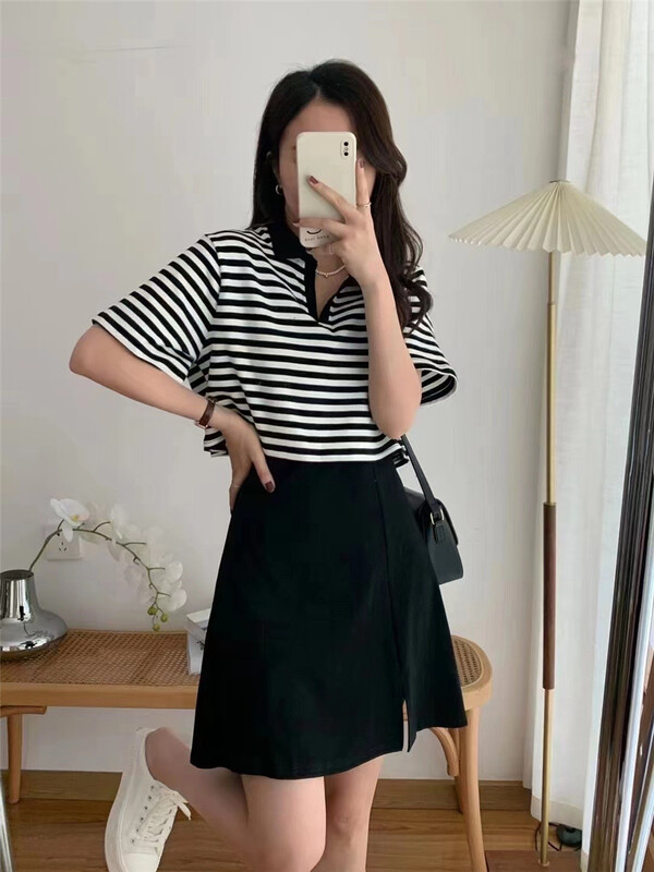[CCJ] casual stripe loose short sleeve + simple solid color suspender dress set 8169\hjy