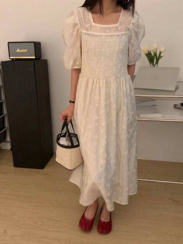[tototellme] temperament elastic waist bubble sleeve dress 20509\hbx